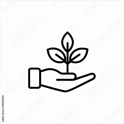 Outline of a hand holding a small plant symbolizing care for nature and sustainability on a white background