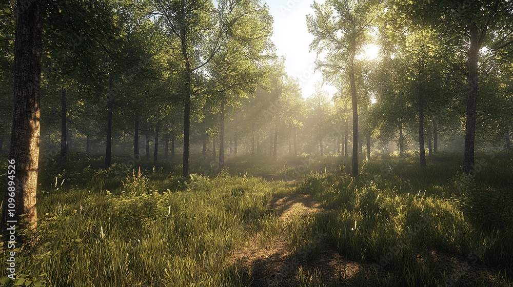Obraz premium Sunlit forest path with morning mist.