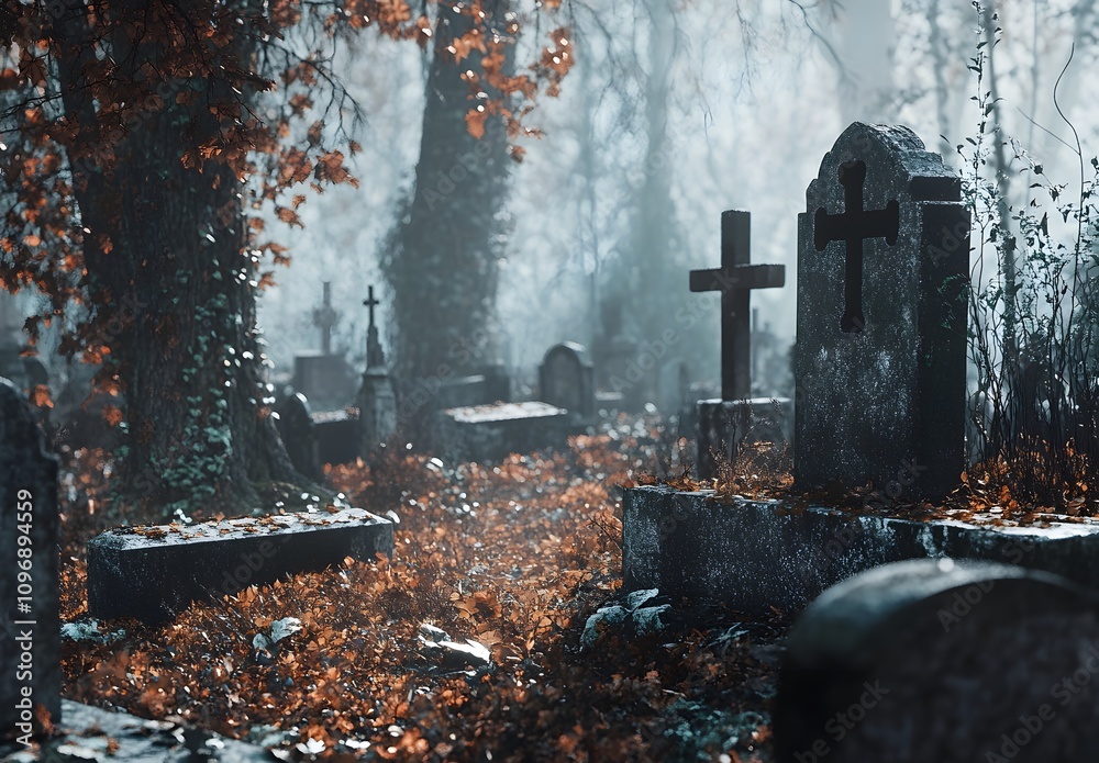 A photograph of an old cemetery in the woods, with tombstones and crosses, fallen leaves on the ground, during the autumn season, A photograph of an old cemetery in the woods, with tombstones and crosses, fallen leaves on the ground, during the autumn season,
