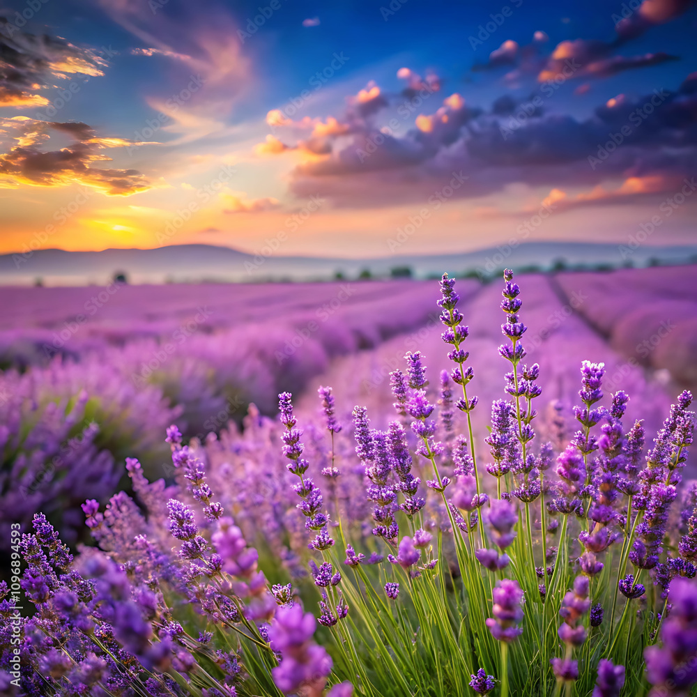 Naklejka premium Field of Lavender Flowers Swaying Gently in a Soft Breeze