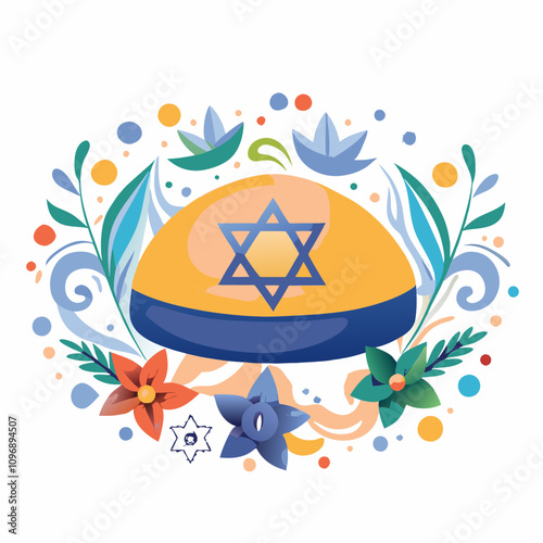 Colorful Kippah with Star of David Surrounded by Floral Decorations