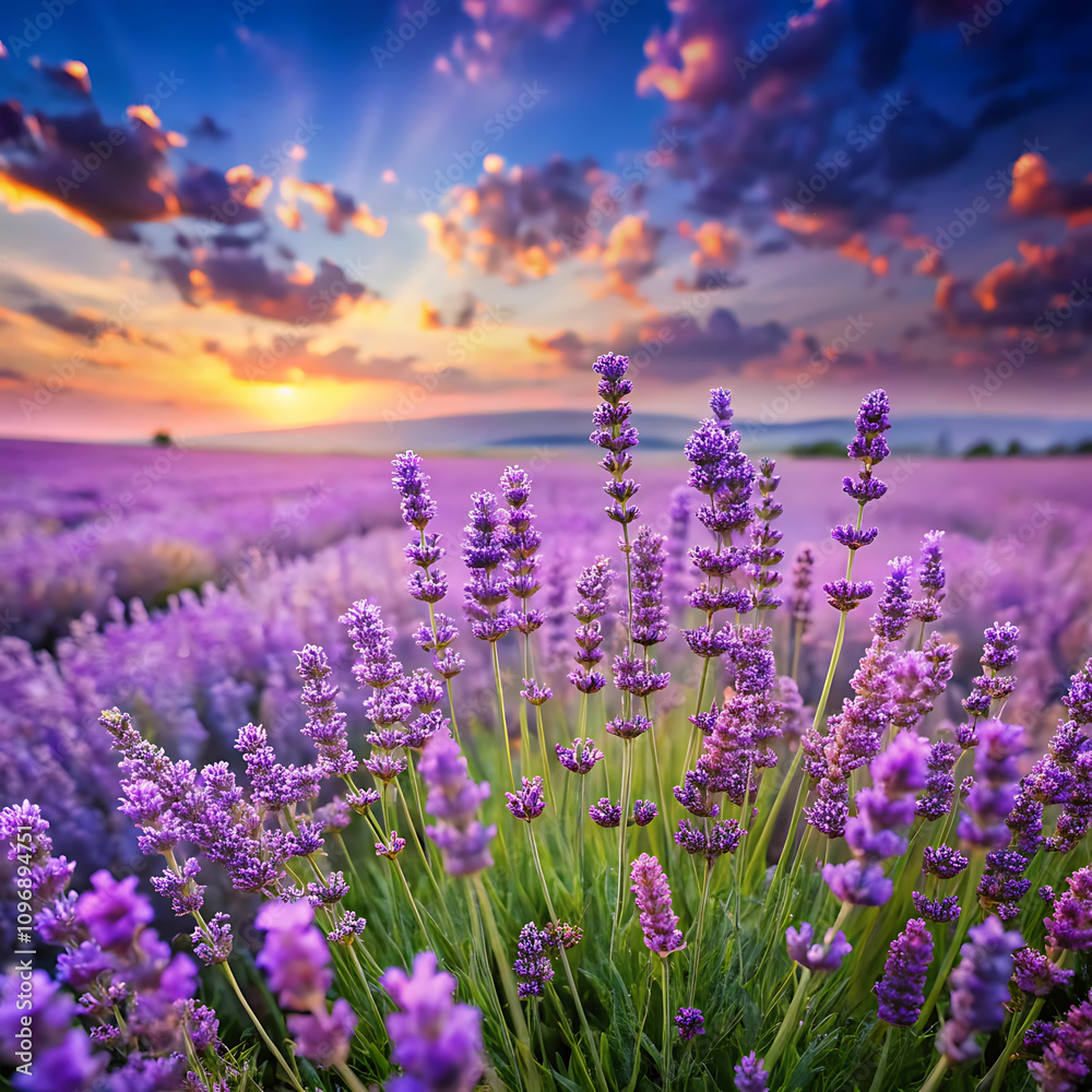 Naklejka premium Field of Lavender Flowers Swaying Gently in a Soft Breeze