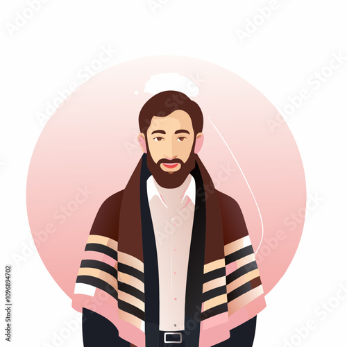 Portrait of a Jewish man wearing a tallit with a joyful smile against a soft pink gradient background
