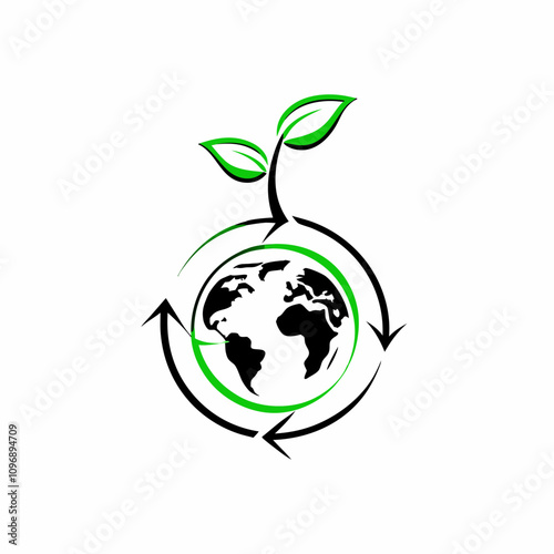 Globe with green sprout and recycle arrows, eco concept icon in minimal line vector style. Concept: sustainability graphic, climate campaign, eco startup, Earth Day, Green Week.