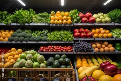 vibrant collection of fruits and vegetables on shelves, variety of fresh fruits and vegetables in a grocery store