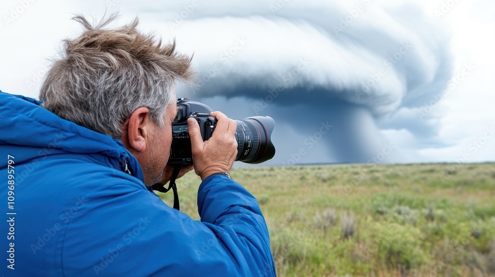 A photographer using advanced equipment captures an intense swirling storm over a vast field, showcasing nature's boundaries alongside human curiosity. A photographer using advanced equipment captures an intense swirling storm over a vast field, showcasing nature's boundaries alongside human curiosity.