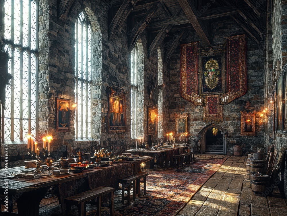 Fototapeta premium A grand medieval dining hall with stone walls, wooden beams, and candlelight.