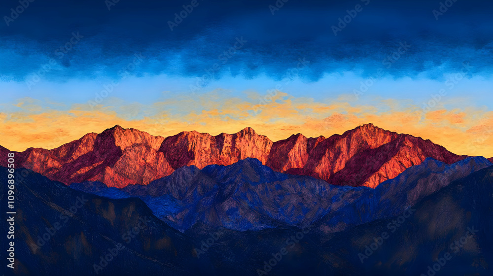 Fototapeta premium A vibrant digital painting of majestic mountains at sunset, showcasing rich colors and textures.