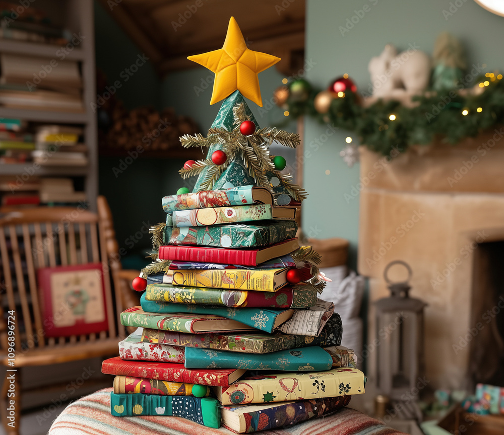 Naklejka premium Christmas tree made of hardcover books 1
