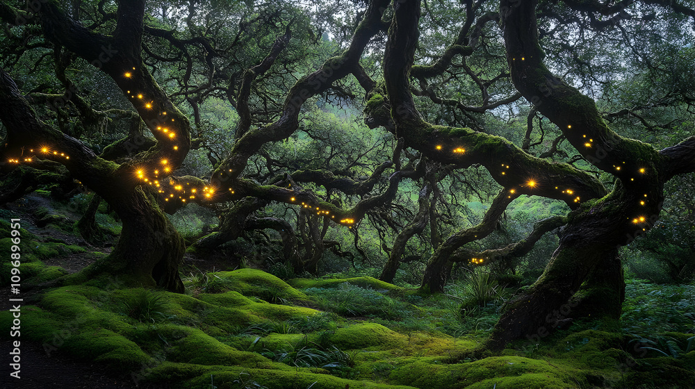 Fototapeta premium Enchanted forest scene with glowing lights on twisted trees and lush mossy ground.