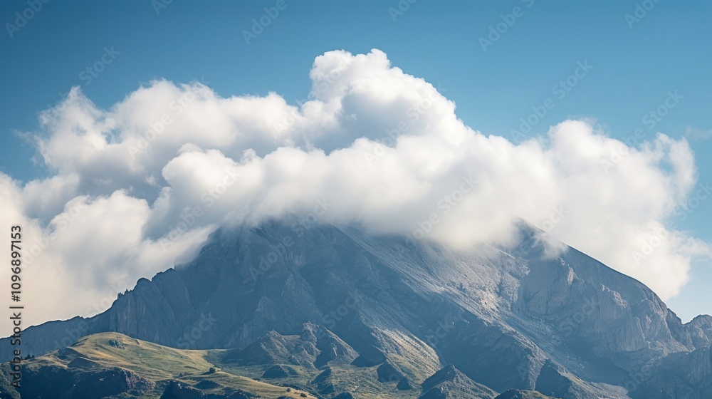 Mountain landscape with clouds and blue sky. Panoramic view
