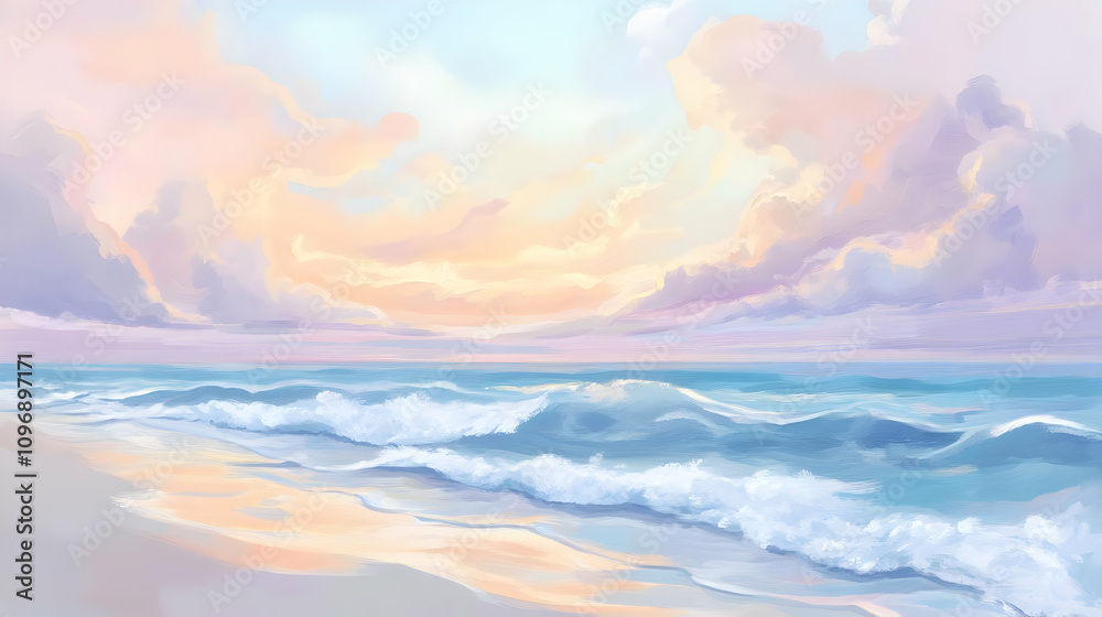 A serene beach scene at sunset, showcasing soft clouds and gentle waves. A serene beach scene at sunset, showcasing soft clouds and gentle waves.