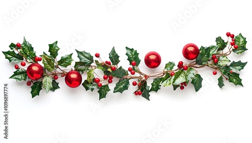 Christmas garland with red baubles and holly leaves on a white background, a flat lay banner for a Christmas card decoration or design template. photo