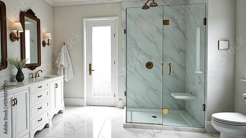 Luxurious Master Bathroom with Marble Shower, Double Vanity, and French Door