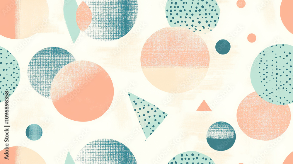 Geometric pattern with overlapping circles and triangles in pastel peach, teal, and cream, seamless repeat design for a child’s room Geometric pattern with overlapping circles and triangles in pastel peach, teal, and cream, seamless repeat design for a child’s room