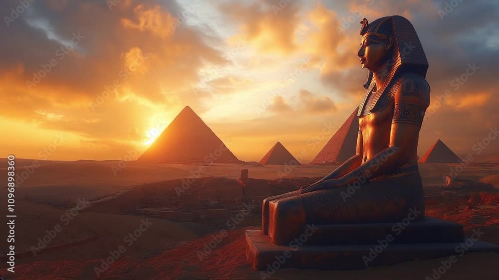 A majestic pharaoh statue kneels before three pyramids at sunset. The golden hue illuminates the desert landscape, creating a dramatic scene of ancient Egypt.