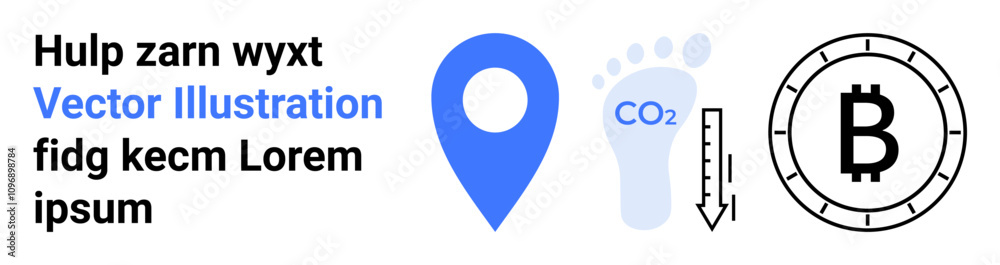 Location pin, carbon footprint with CO2 text, Bitcoin symbol, placeholder text. Ideal for environmental awareness, cryptocurrency, finance, technology, navigation, digital economy. Landing page Location pin, carbon footprint with CO2 text, Bitcoin symbol, placeholder text. Ideal for environmental awareness, cryptocurrency, finance, technology, navigation, digital economy. Landing page