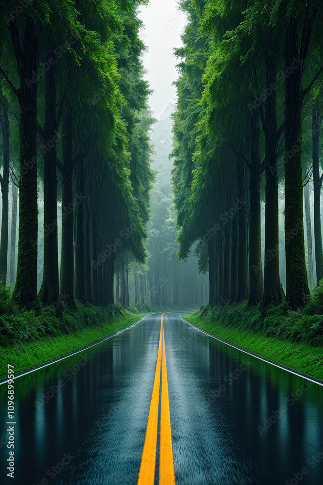 Obraz premium Rain-soaked road bordered by lush green trees in a serene forest setting