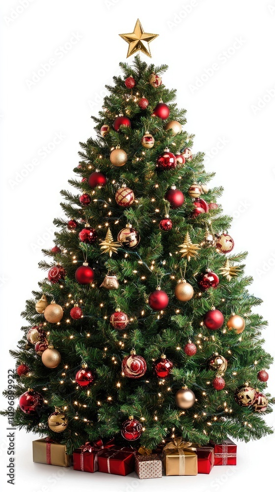 Elegant Christmas tree adorned with red and gold ornaments creates a festive ambiance perfect for holiday celebrations Elegant Christmas tree adorned with red and gold ornaments creates a festive ambiance perfect for holiday celebrations