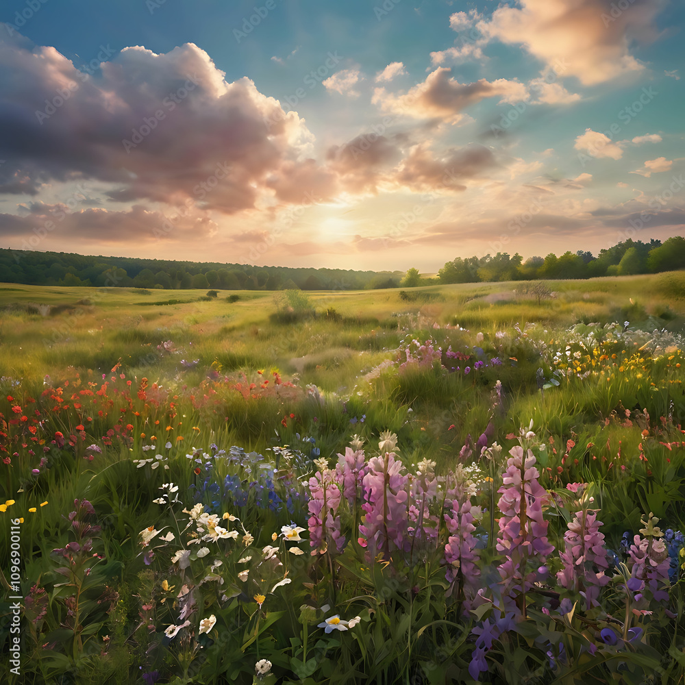 Fototapeta premium Enchanting Spring Meadow with Wildflowers and Soft Pastel Sky Above