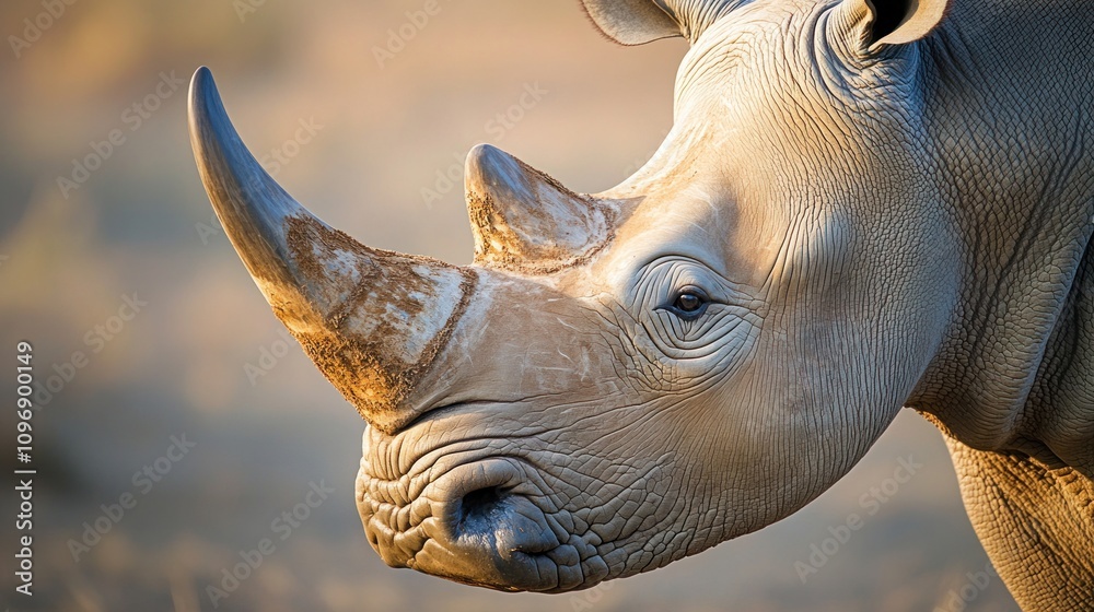 Fototapeta premium Majestic White Rhino Portrait: A Close-Up of an Endangered African Giant