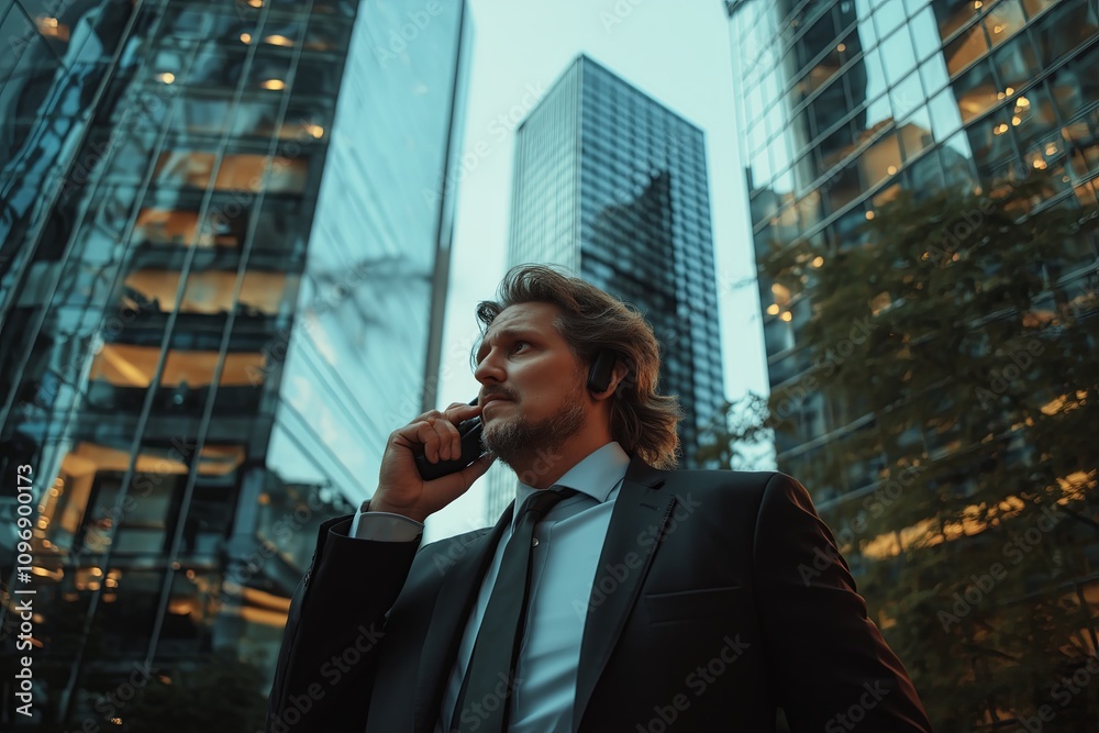 Serious businessman talking on the phone with city skyscrapers in the background
