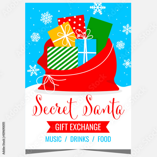 Christmas Secret Santa and gift exchange party poster or banner with Santa Claus's sack full of presents. Vector template for traditional and mysterious gift guessing ritual during winter holidays.