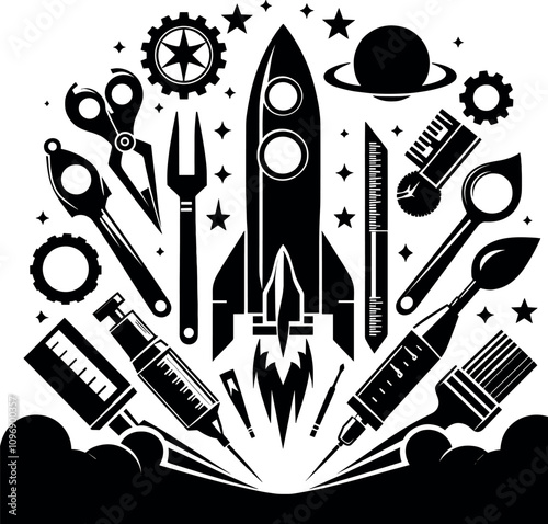 Rocket Ship Vector Black Silhouette Cricut Design for T-Shirt