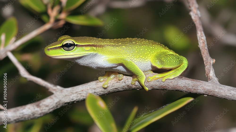 Vibrant green tree frog perched on a branch. Vibrant green tree frog perched on a branch.
