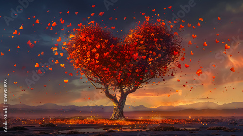 Tree of Love in Spring: A red heart-shaped tree at sunset surrounded by flowers, symbolizing love and spring, suitable for Valentine�s Day cards. photo