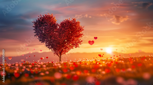 Tree of Love in Spring: A red heart-shaped tree at sunset surrounded by flowers, symbolizing love and spring, suitable for Valentine�s Day cards. photo