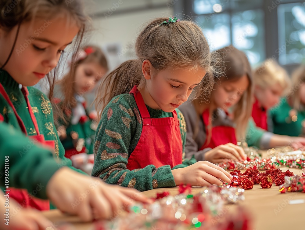 Fototapeta premium Children Engaging in Festive Crafting Activities at Table During New Year's Celebration, Fun and Creativity Concept