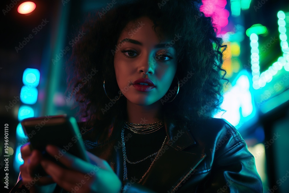 Young woman using a smartphone in an urban setting at night.