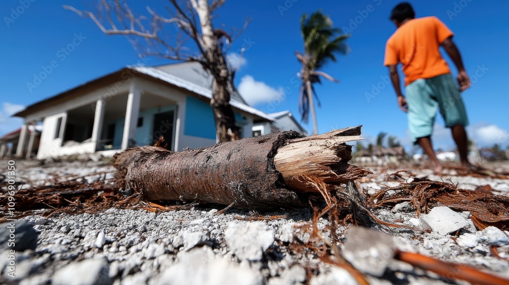 Obraz premium A man in an orange shirt inspects the aftermath of a storm, with debris scattered on the beach and a damaged house in the background under a bright blue sky.