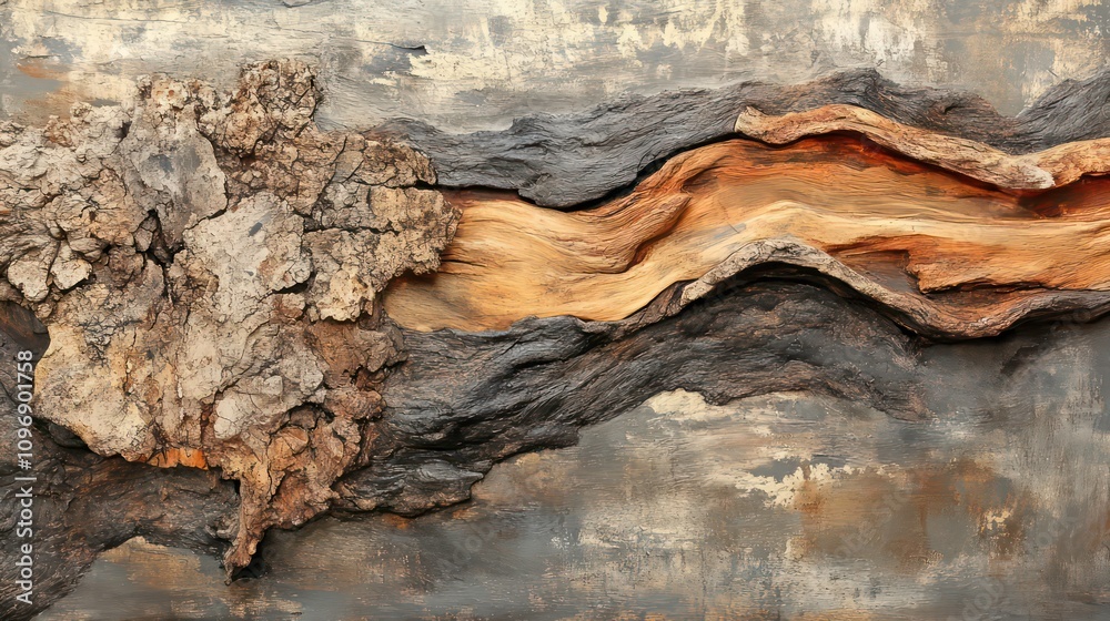 An abstract blend of rough tree bark, smooth stone surfaces, and flowing rivers, layered together in an earthy, textured design An abstract blend of rough tree bark, smooth stone surfaces, and flowing rivers, layered together in an earthy, textured design