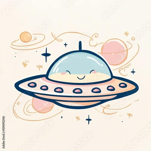 Whimsical hand-drawn clip artwork of a smiling face of an unidentified flying object in a vector style with bold lines, soft curves, and delicate textures. Pastel creamy card. Science fiction day. 