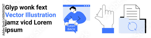 Man holding cash back sign, hand gesture interaction, document with recycling symbol. Ideal for finance, e-commerce, user interface, technology, presentations, marketing, educational content. Landing