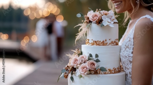 This image shows a three-tier wedding cake decorated with pink flowers and gold accents, symbolizing happiness and love during a lakeside ceremony setting. photo