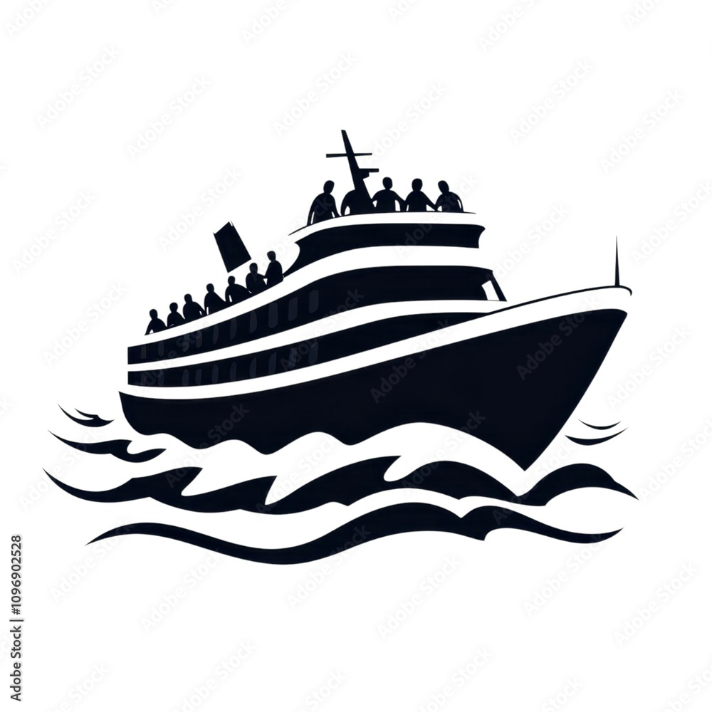 Obraz premium A stylized black silhouette of a boat with passengers, navigating through waves, evoking a sense of adventure and travel on water.