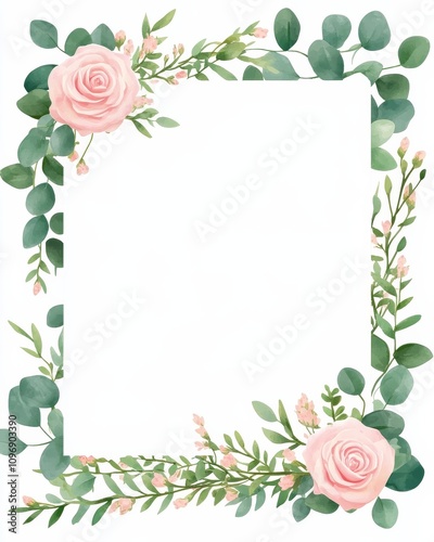 Elegant floral border with greenery and pink roses for invitations or decor