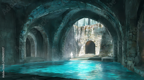 Ancient stone ruins of an underground cavern with a glowing blue pool. Ancient Cavern Secrets. Illustration