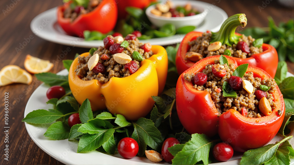 Keto stuffed bell peppers with quinoa and cranberries served with fresh greens Keto stuffed bell peppers with quinoa and cranberries served with fresh greens