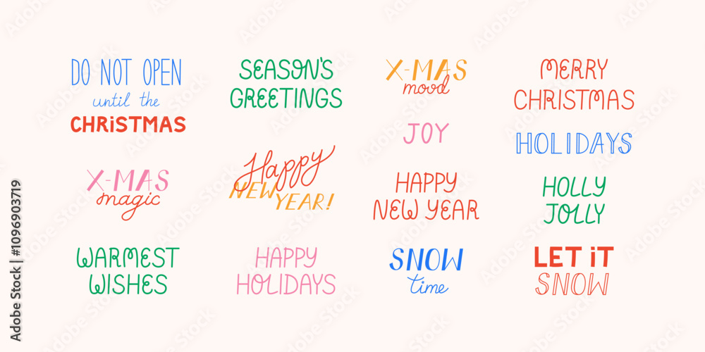 Fototapeta premium Set of holiday christmas and new year quotes. Vector illustration of hand drawn lettering inscriptions for greeting cards and invitations