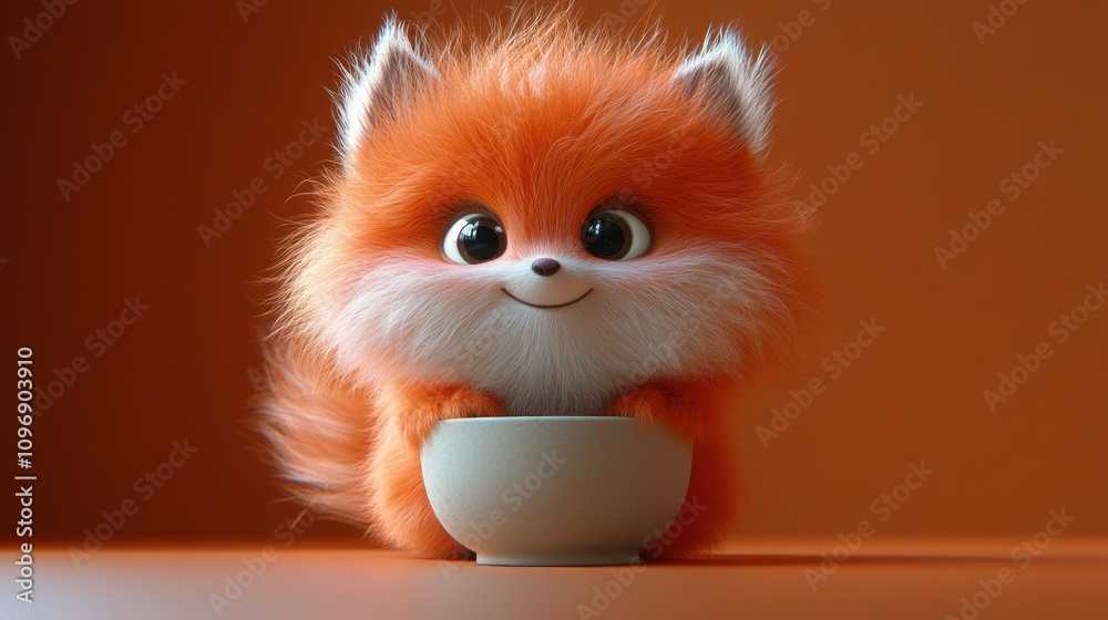 Fototapeta premium Adorable 3D Render of a Fluffy Orange Fox Cub Enjoying a Bowl