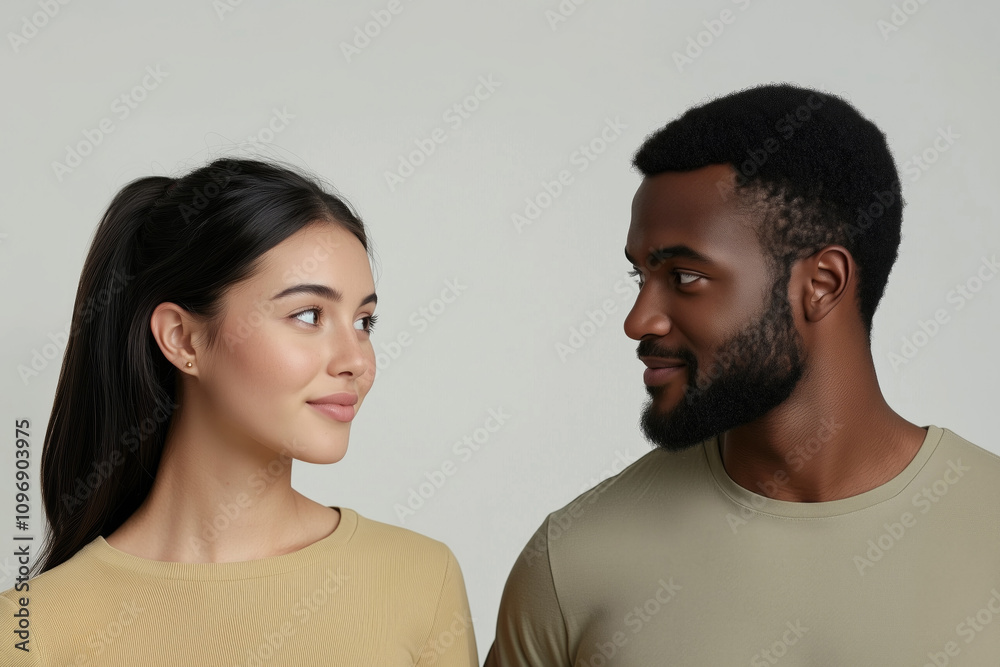 Fototapeta premium portrait of young couple looking to each other on light background