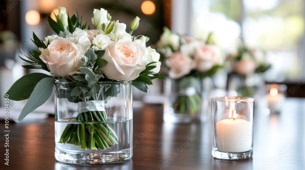 A glass vase houses an elegant bouquet of pink roses, surrounded by lush green leaves. Lit candles accompany the arrangement, enhancing its romantic appeal. A glass vase houses an elegant bouquet of pink roses, surrounded by lush green leaves. Lit candles accompany the arrangement, enhancing its romantic appeal.