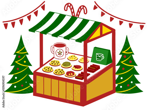 Christmas Market Stall Illustration: Festive Treats & Hot Drinks - Vector Graphic.