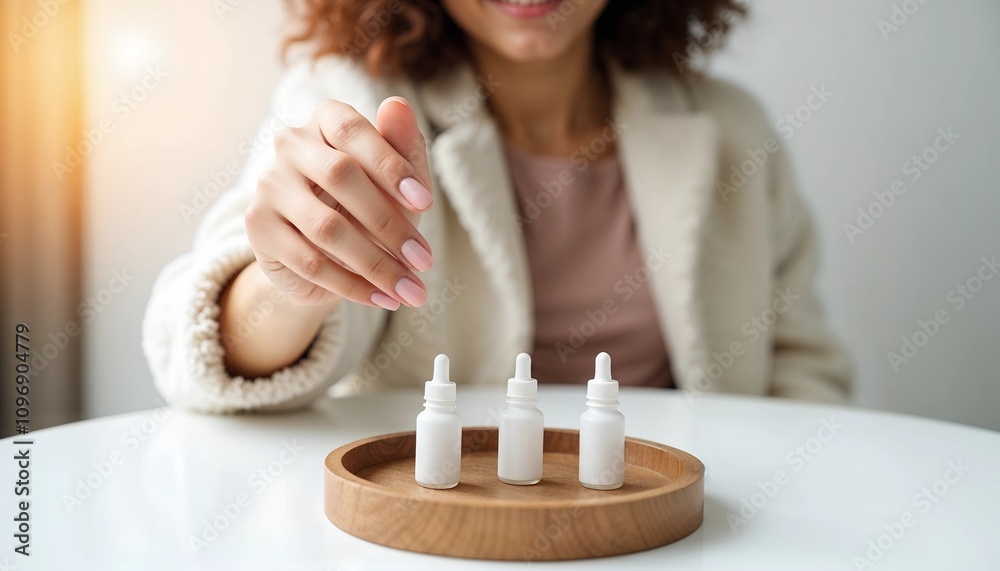 Woman in a positive mood choosing skincare products from a wooden tray in a bright, modern setting