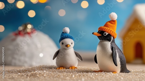 A pair of penguins, one in a blue hat and the other in an orange hat, stand on a sandy surface in front of a sparklingly lit igloo scene under a starlit sky. photo