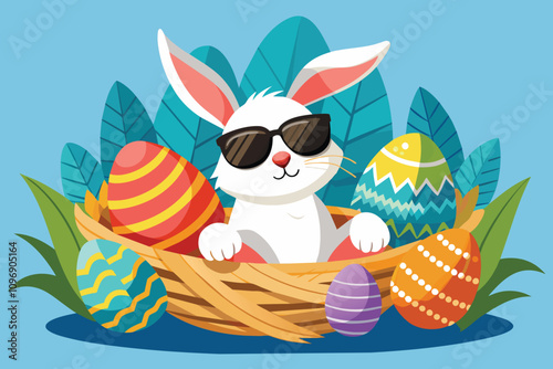 a bunny wearing sunglasses chilling in a nest of